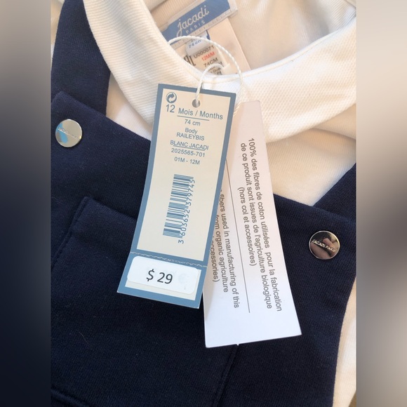 NWT! Jacadi Paris two piece white collared bodysuit & navy blue overall loungers - Picture 11 of 12
